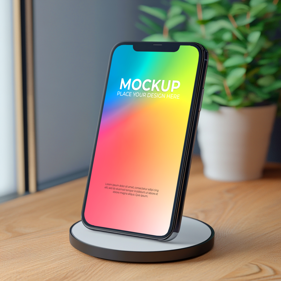 Phone Mockup Vibrant Gradient Display on Modern Stand psd