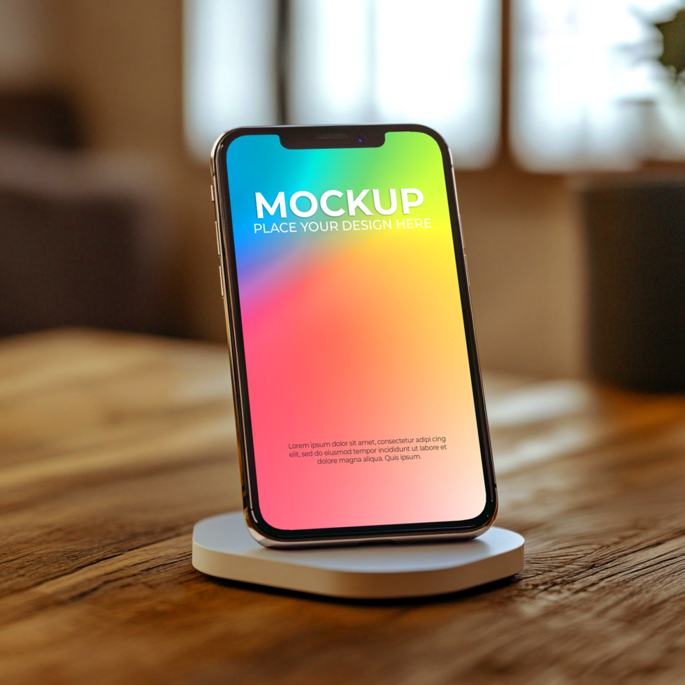Smartphone Mockup Vibrant Gradient Display on Wireless Charger Perfect for App Presentation UIUX Design psd