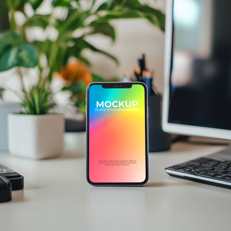 Vibrant Smartphone Mockup Colorful Gradient Screen on Modern Desk psd
