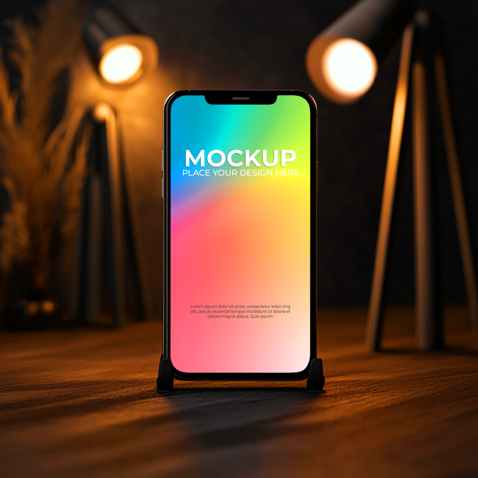 Phone Mockup Vibrant Gradient Display on Wooden Desk psd