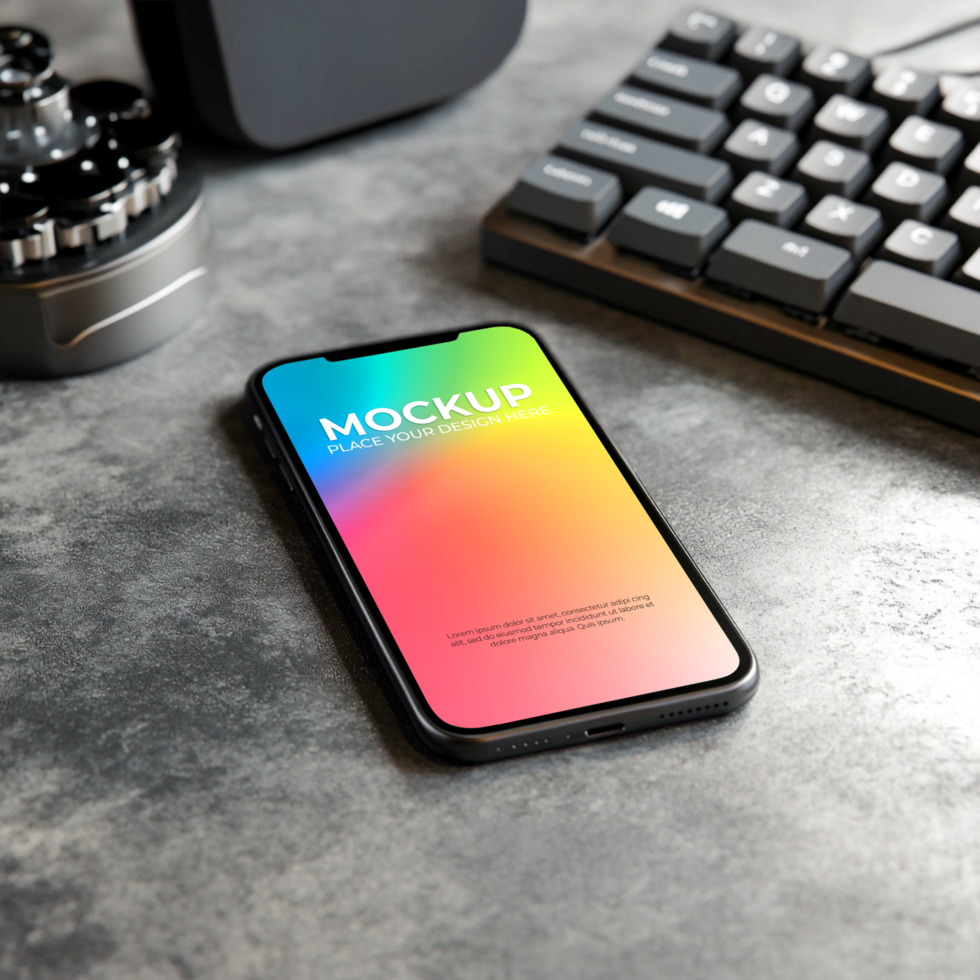 Vibrant Smartphone Display on Desk with Gaming Accessories psd