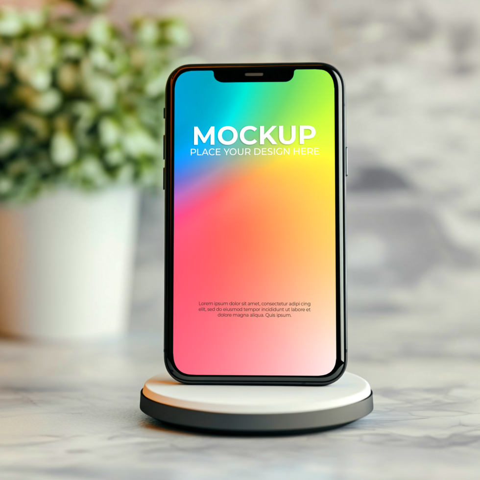 Stunning Smartphone Mockup Vibrant Gradient Display on Wireless Charger psd