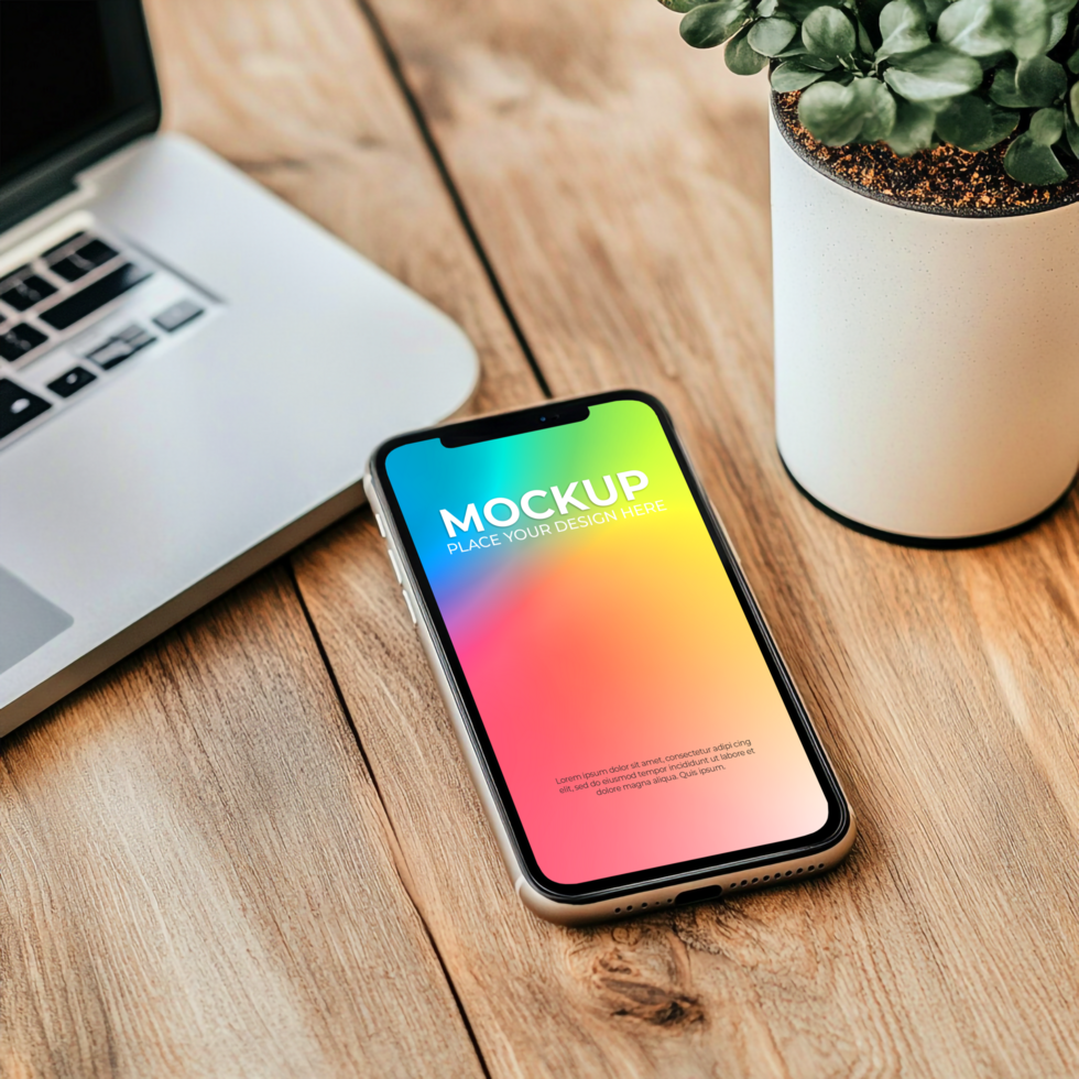 Vibrant Smartphone Mockup Colorful App Screen Design on Wooden Desk with Laptop Plant psd