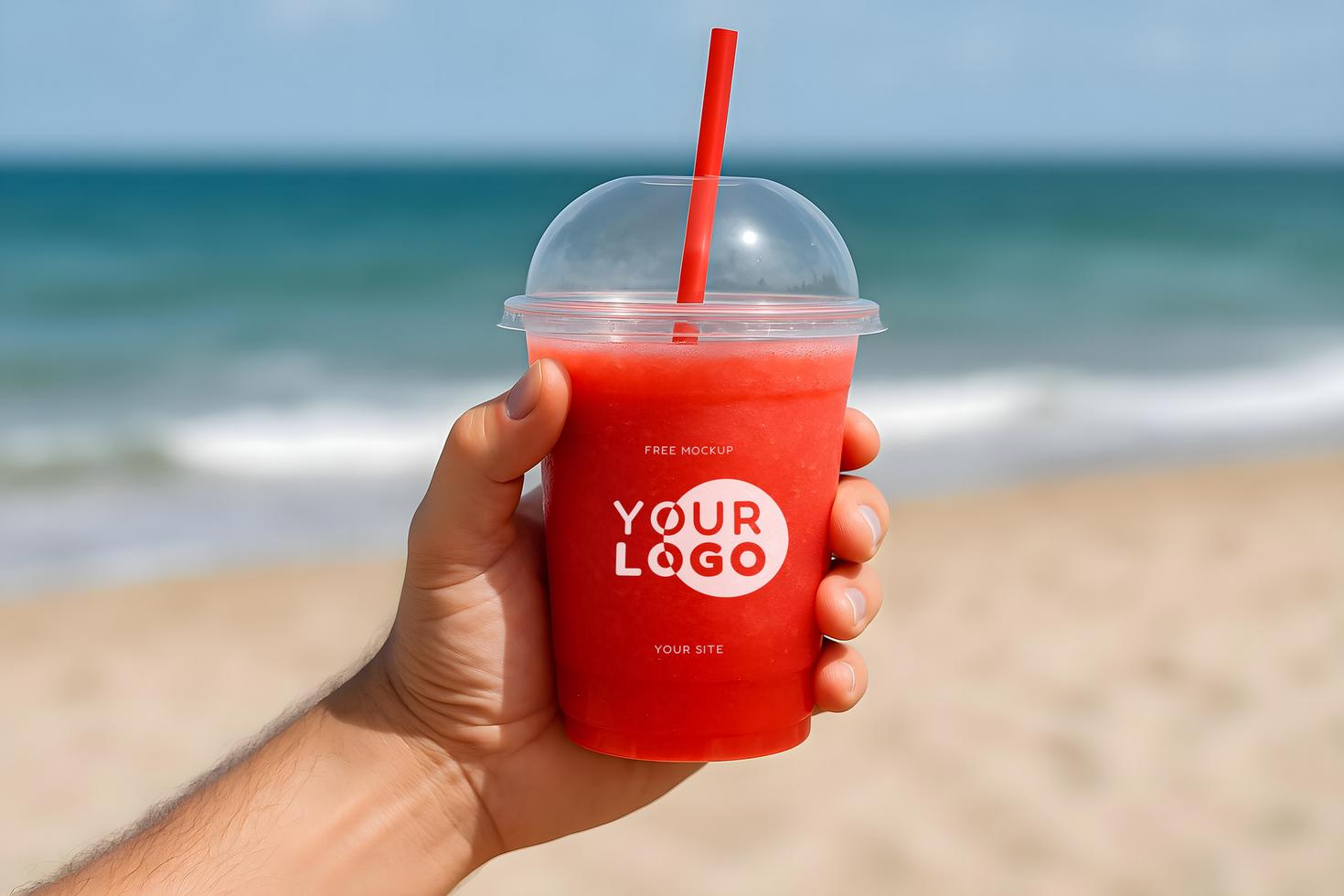 mockup of watermelon juice glass in man's hand on beach psd