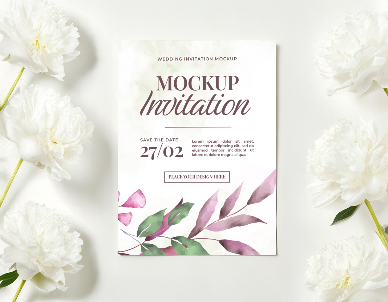 White Peony Romantic Wedding Invitation Flat Lay psd