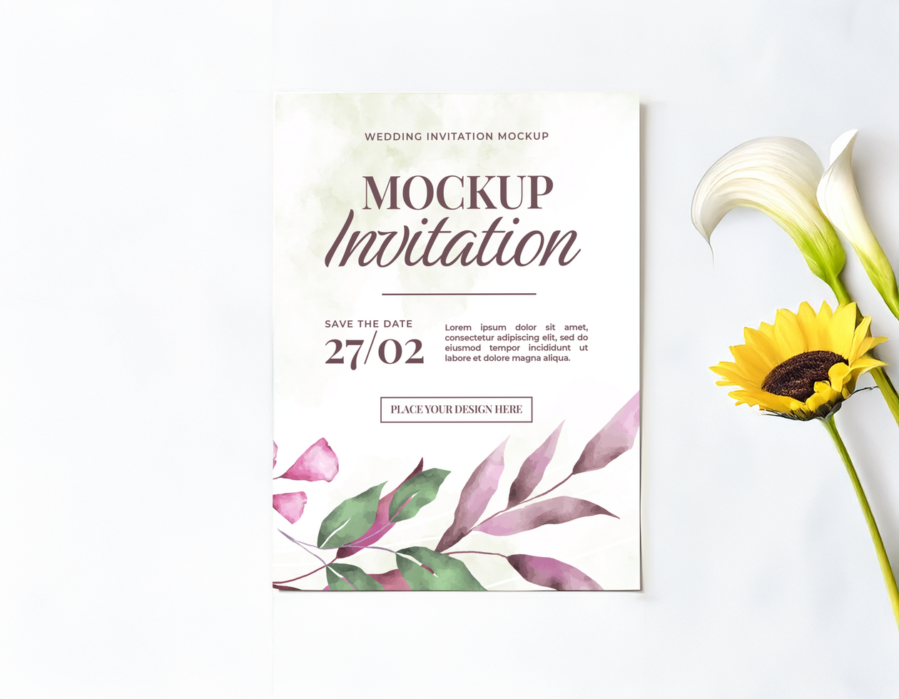 Minimalist Date Display Wedding Invitation with Pink Blooms psd
