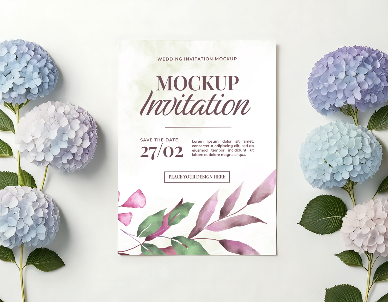 Romantic Wedding Invitation Mockup with Hydrangeas psd