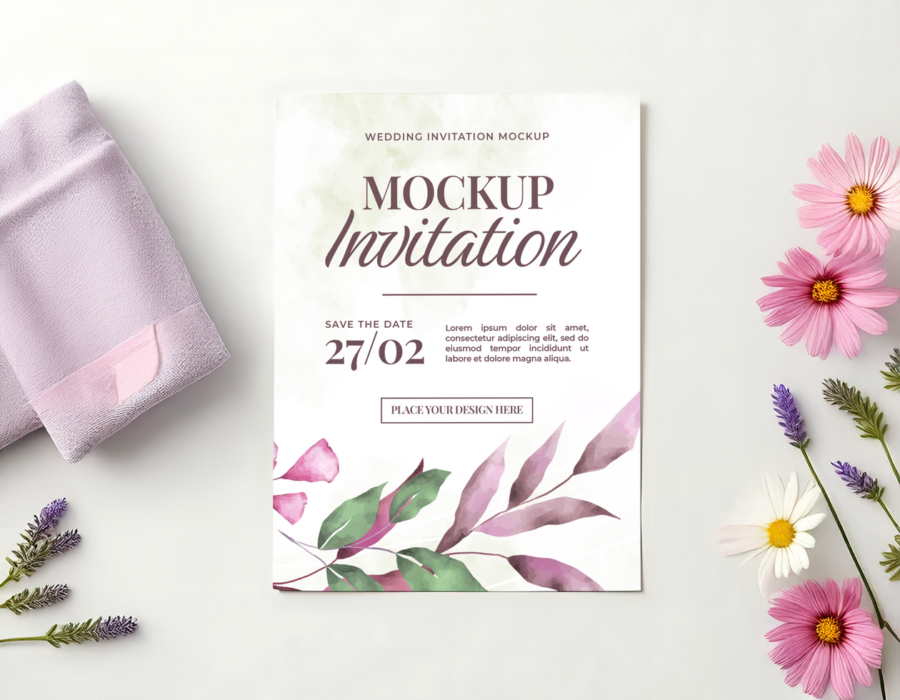 Lavender Cosmos Wedding Invitation with Purple Textile psd