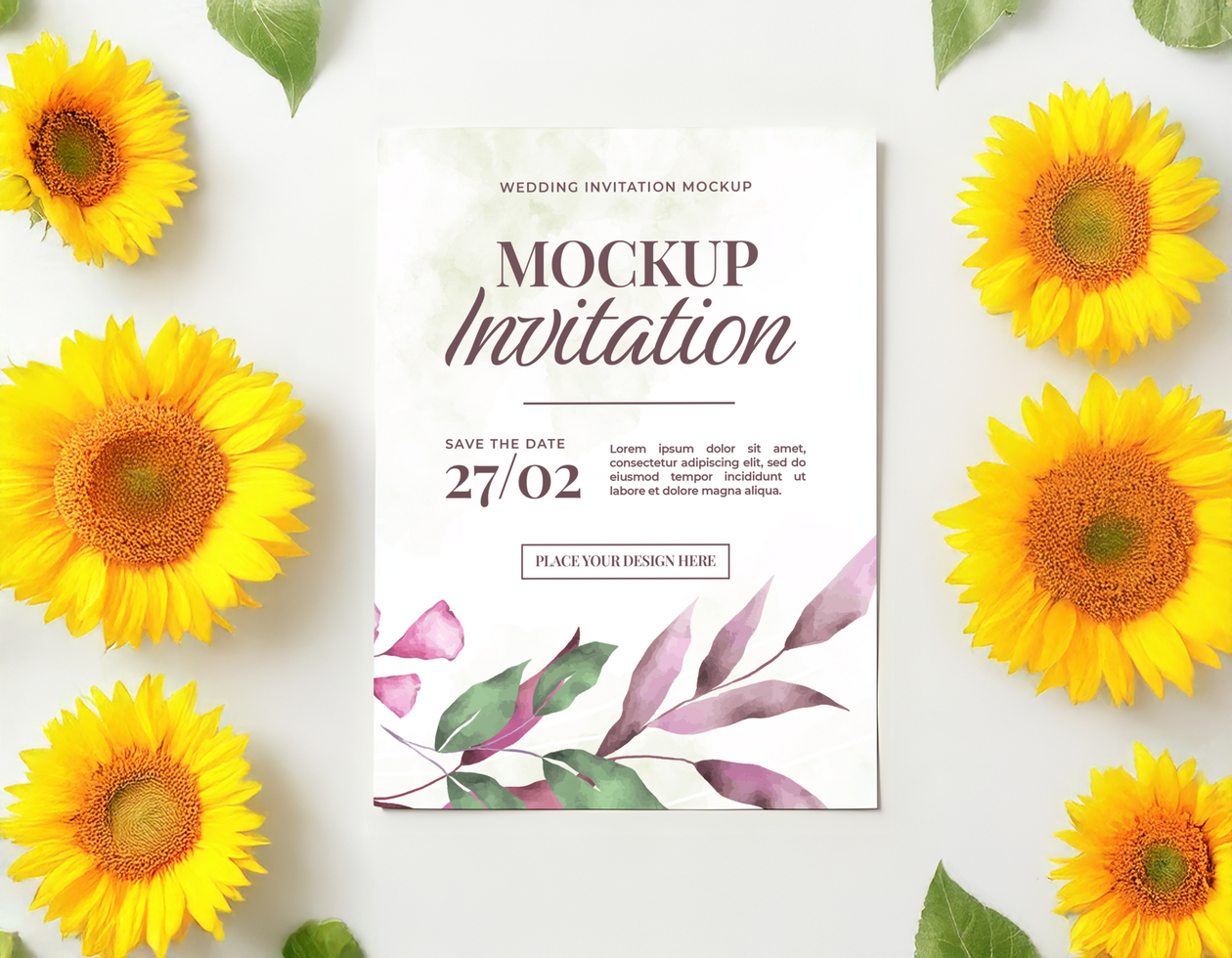 Clean Sunflower Wedding Invitation Flat Lay Design psd