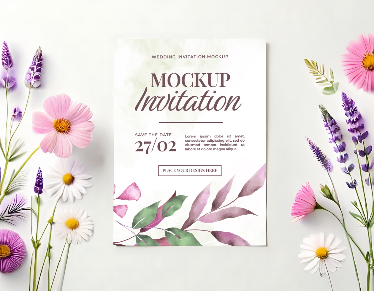Mixed Flower Purple Pink Wedding Invitation Template psd