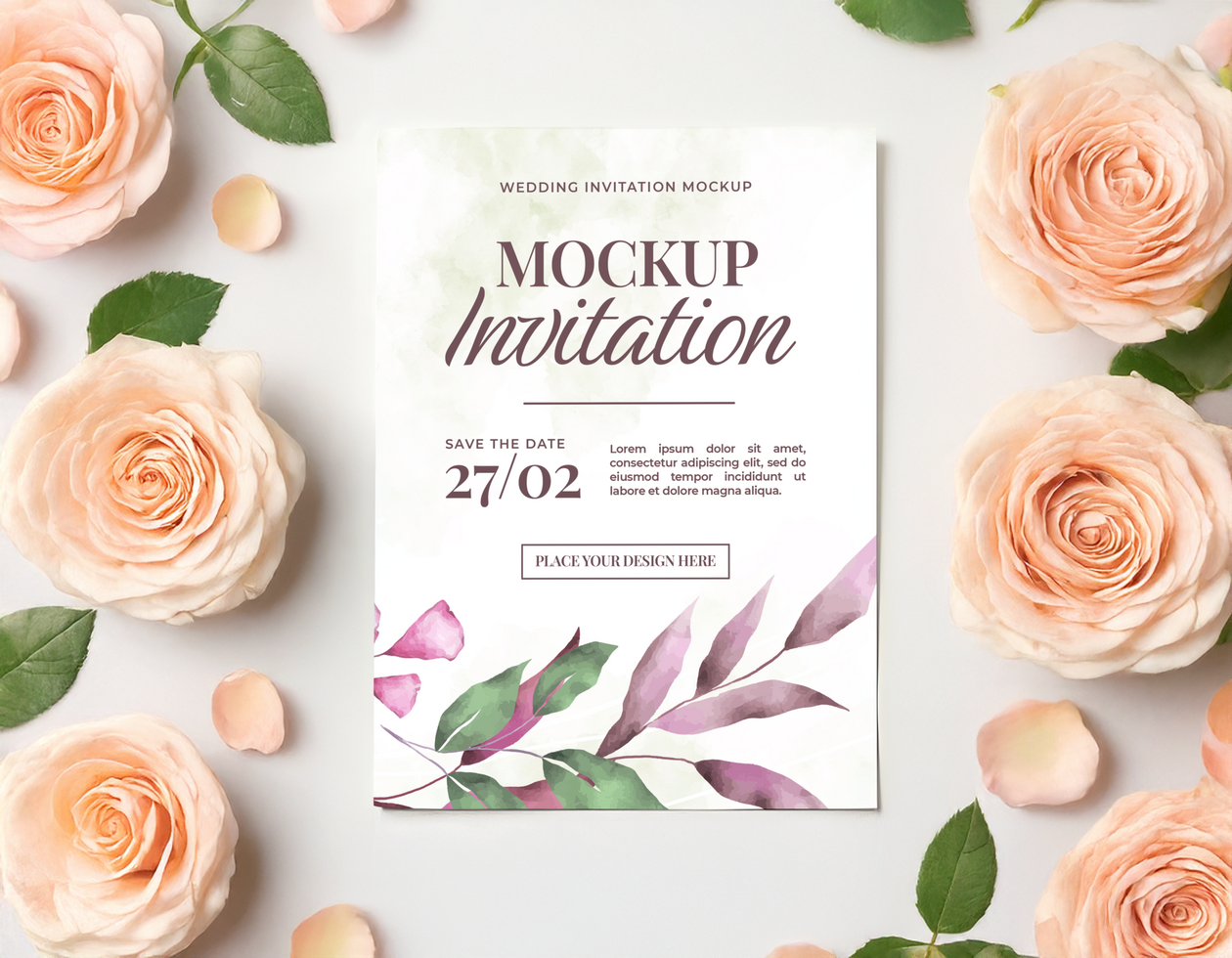 Romantic Peach Roses Wedding Invitation Mockup psd