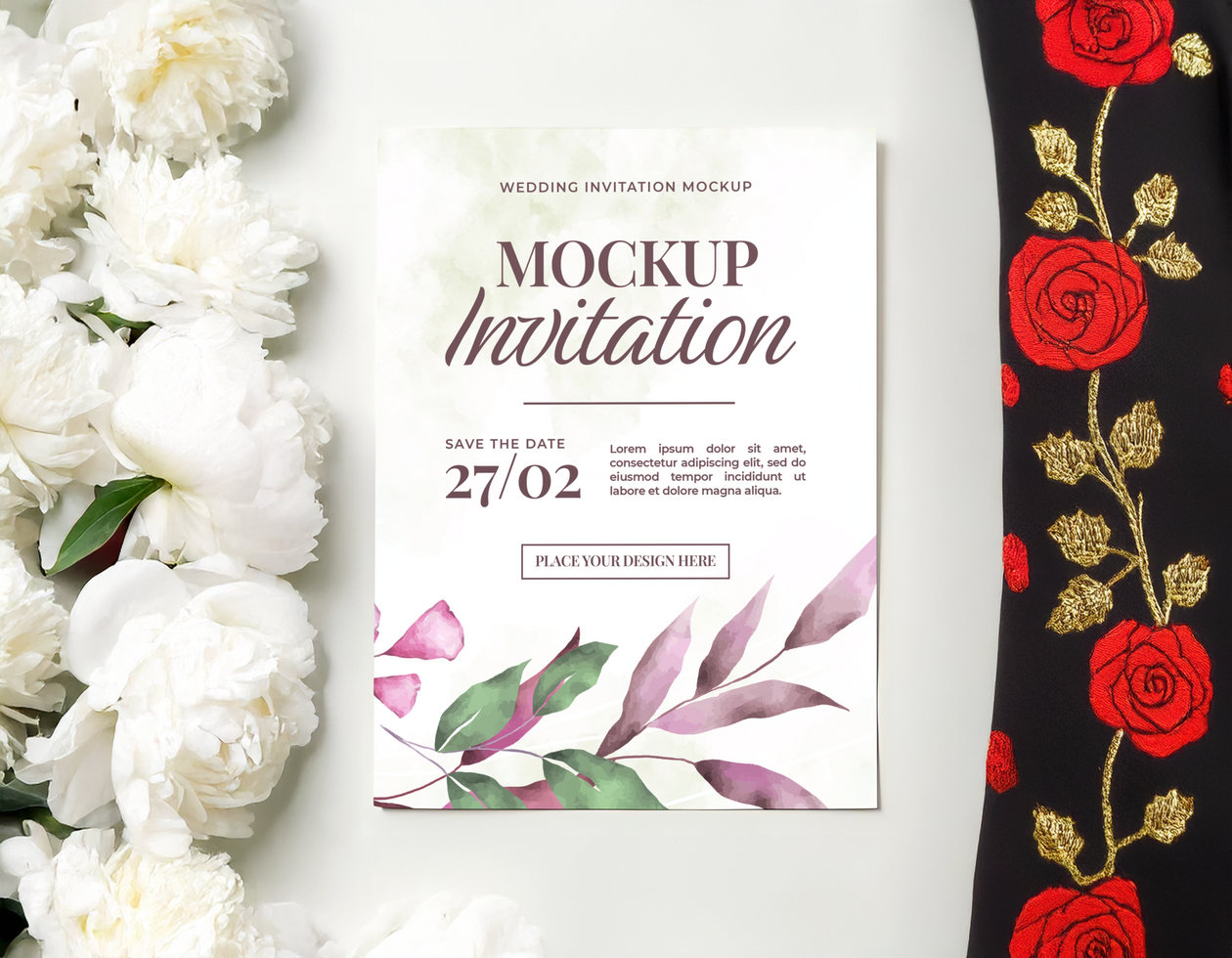 Embroidered Rose Fabric Wedding Invitation Display Design psd