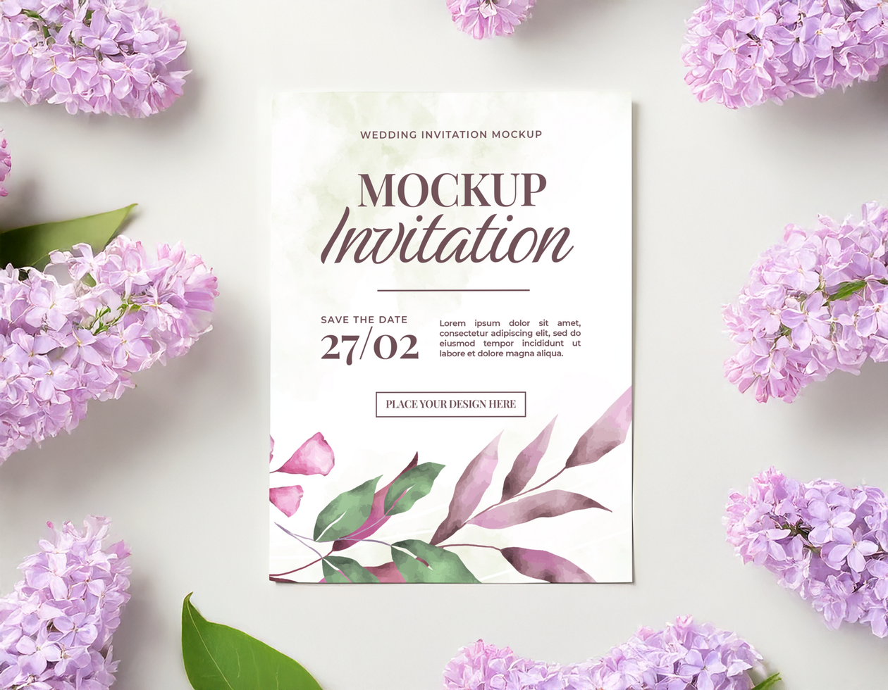 Purple Lilac Wedding Invitation Mockup for Elegant Weddings psd