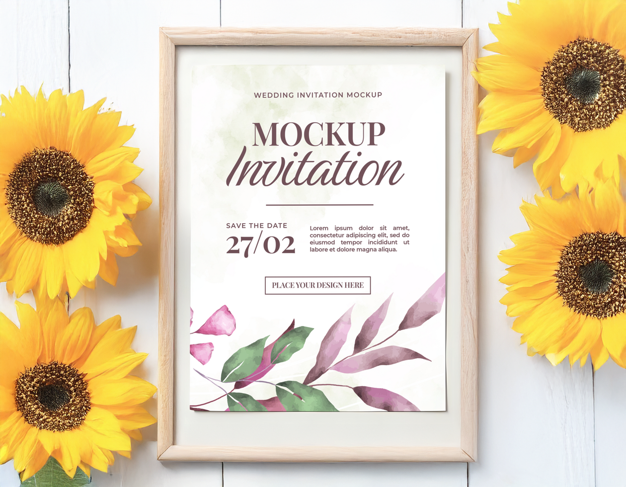 Watercolor Wedding Invitation Mockup with Sunflowers psd
