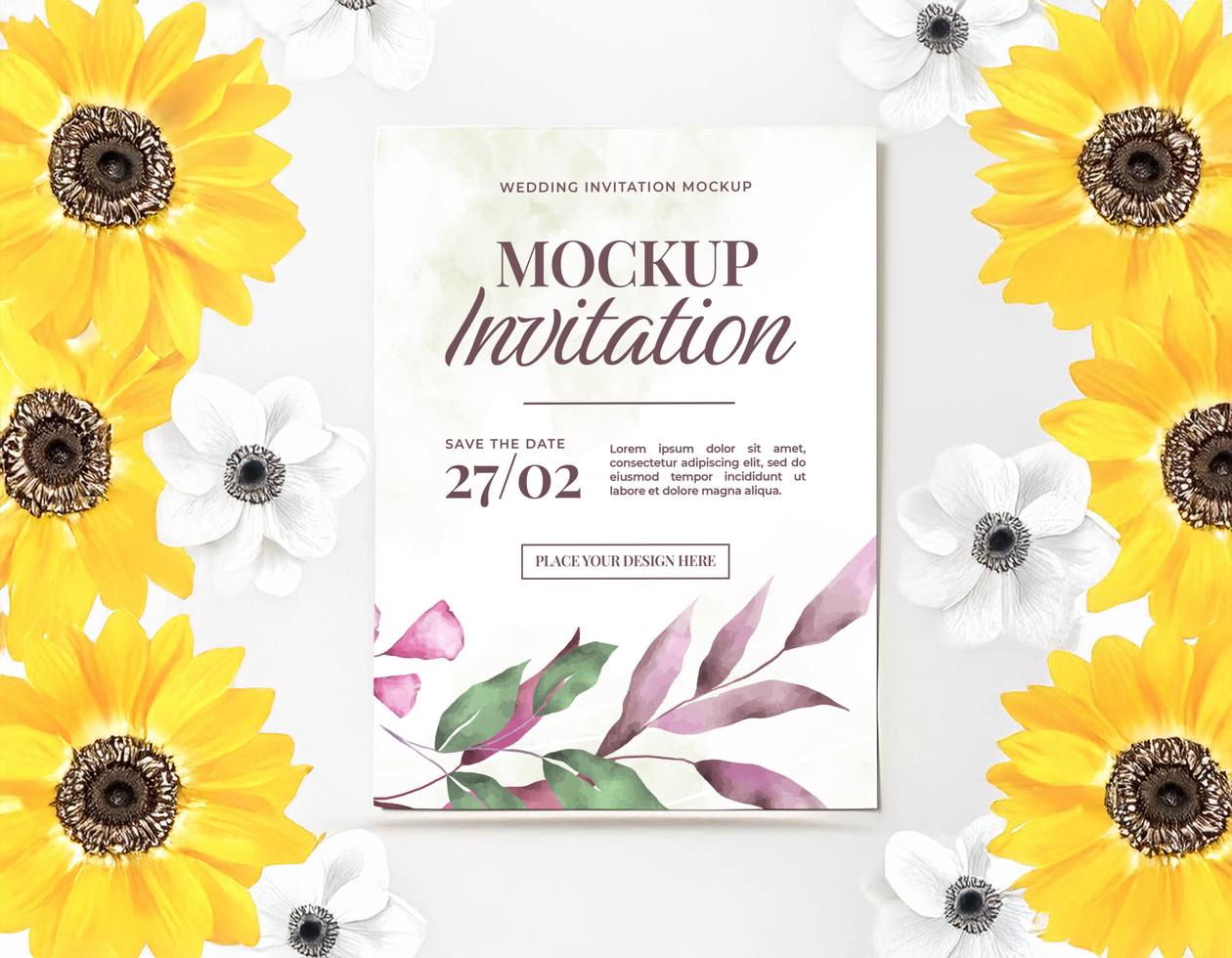 Sunflower Anemone Wedding Invitation Design with Custom Space psd