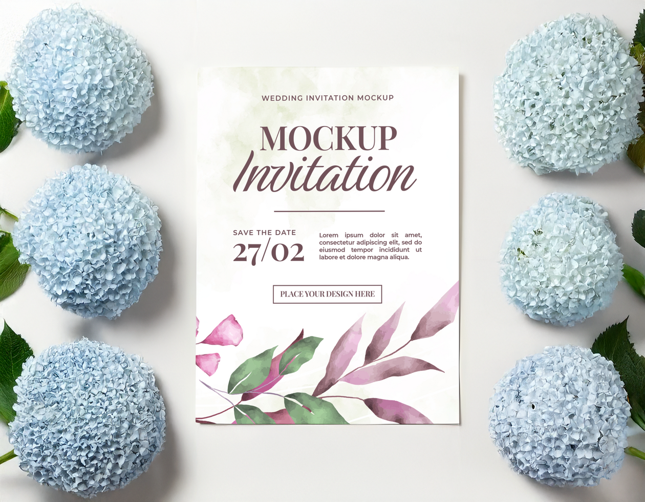 Elegant Wedding Invitation Mockup with Hydrangeas psd