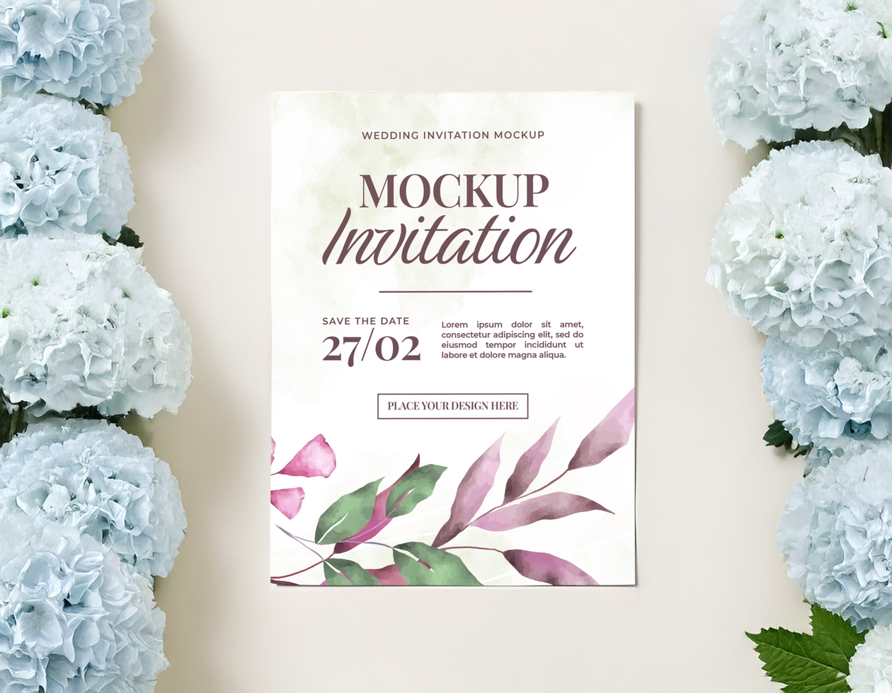 Hydrangea Blue Wedding Invitation Mockup on Cream Background psd