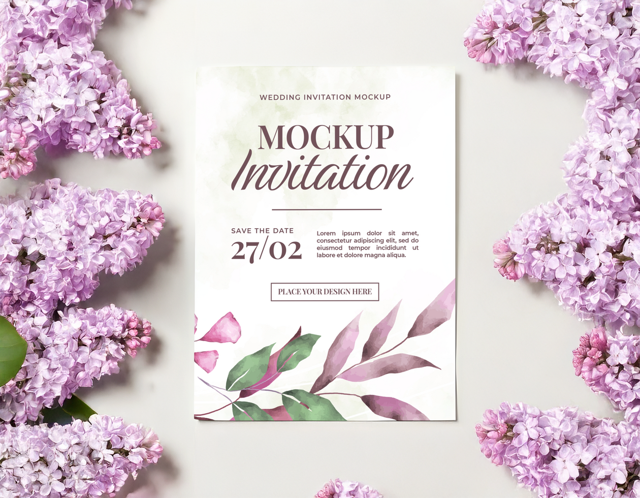 Soft Pink Green Lilac Wedding Invitation Flat Lay psd