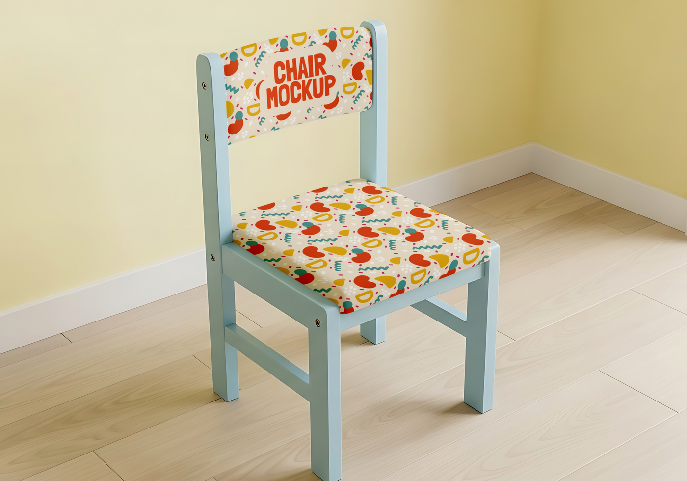 A light blue children s chair with a colorful patterned seat and backrest psd