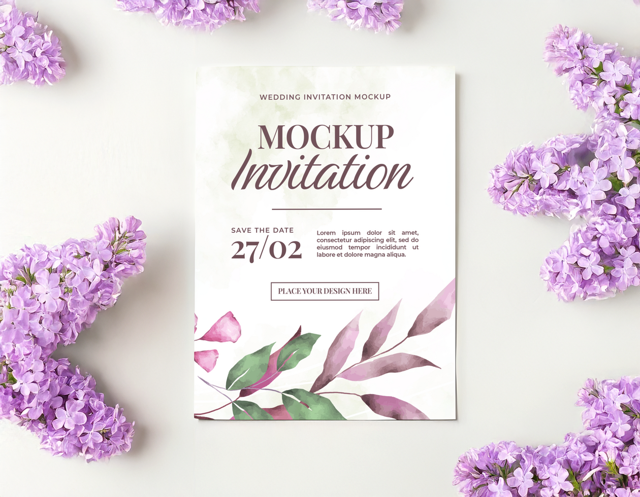 Lilac Sprig Wedding Invitation Design with Purple Accents psd