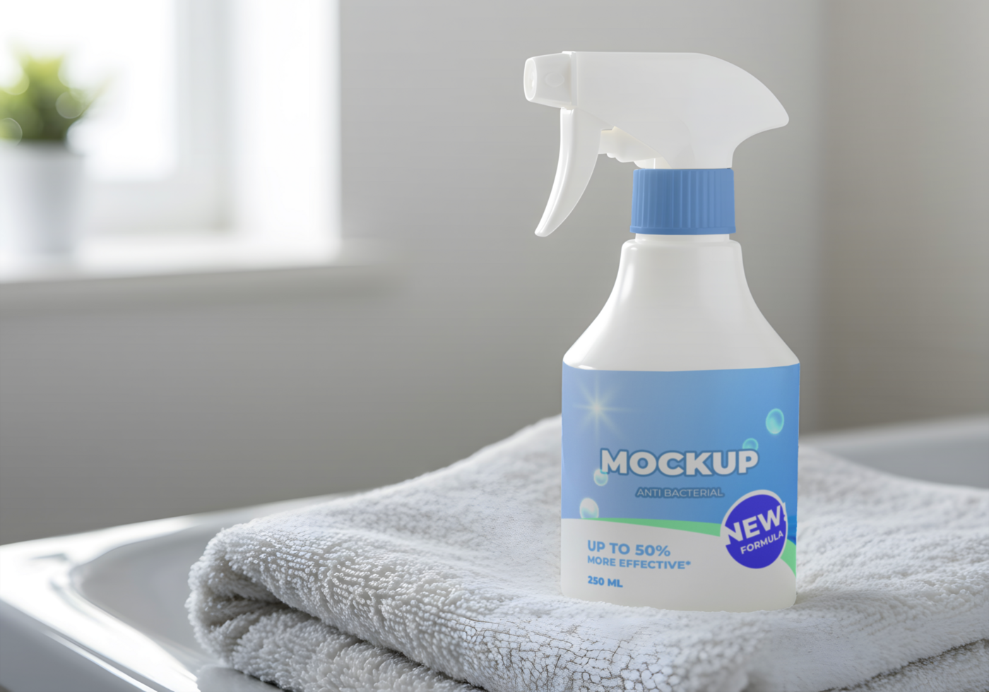 A new antibacterial spray up to 50 more effective sits on a neatly folded towel psd