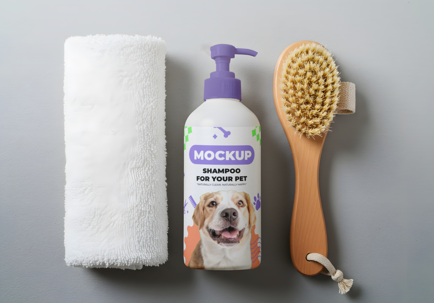 Everything you need for a pampered pet bath shampoo towel and brush psd