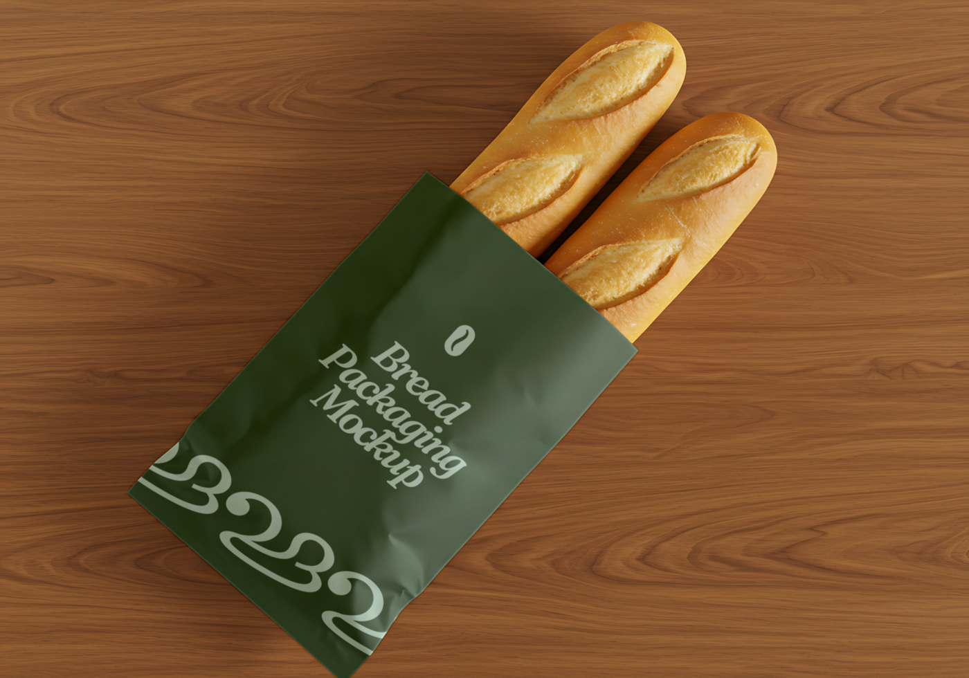 Two baguettes nestled in a green bread packaging mockup psd