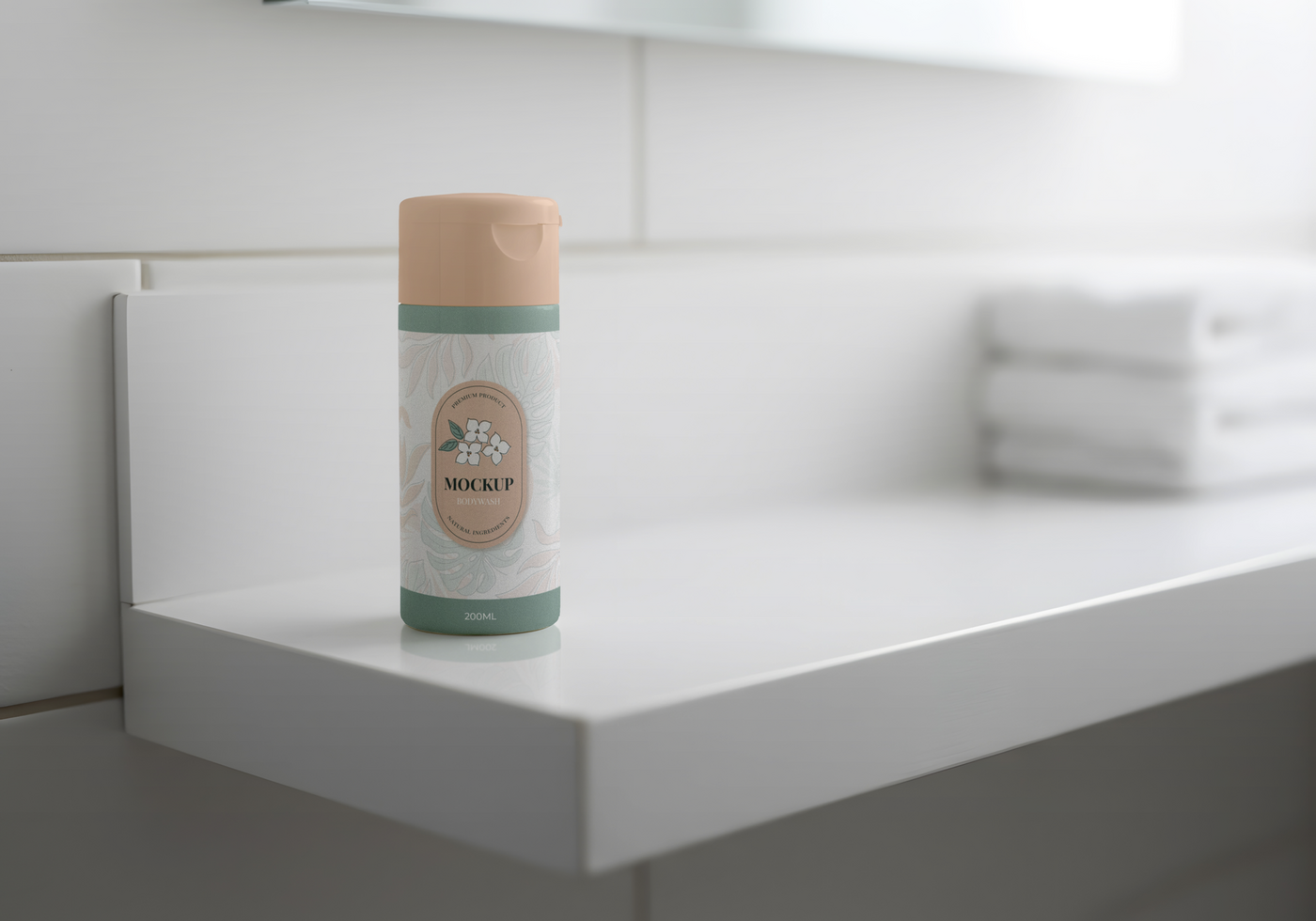 A small bottle of lotion sits on a white shelf in a bathroom psd