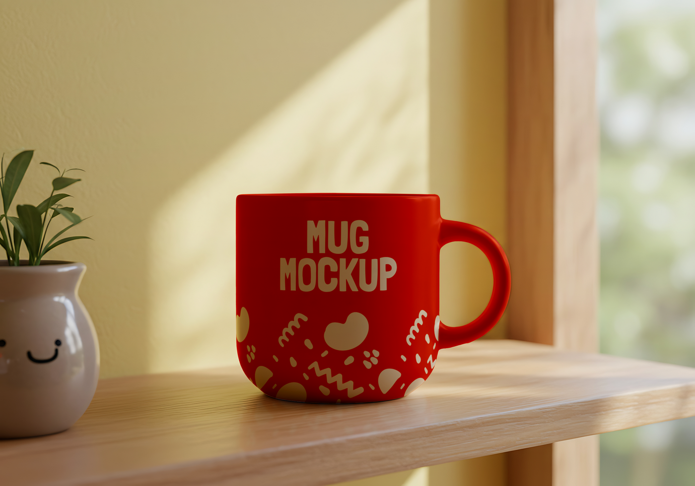 A red mug with the words Mug Mockup sits on a wooden shelf next to a small plant psd