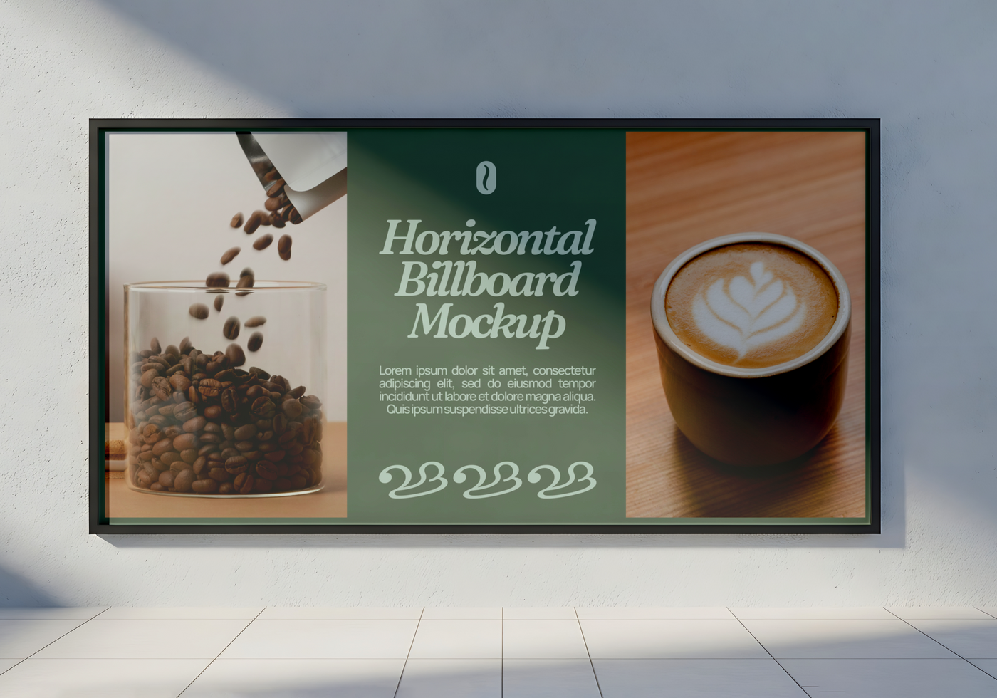 A horizontal billboard mockup showcasing coffee beans and a latte psd