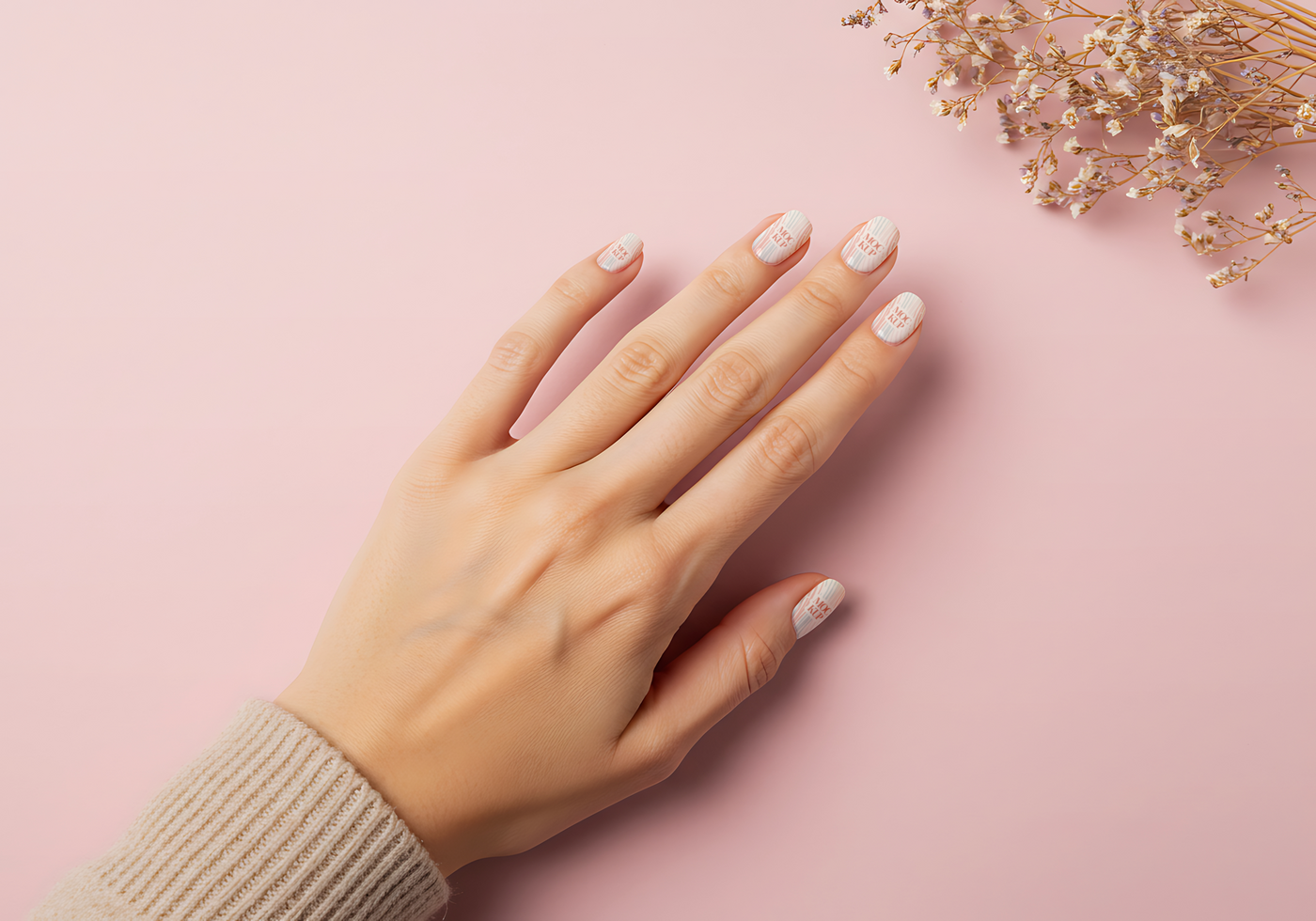 Delicate nails adorned with minimalist designs against a soft pink backdrop psd