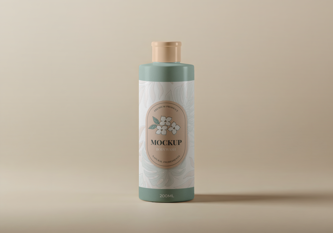 A 200ml bottle of body wash with a floral design sits on a neutral background psd