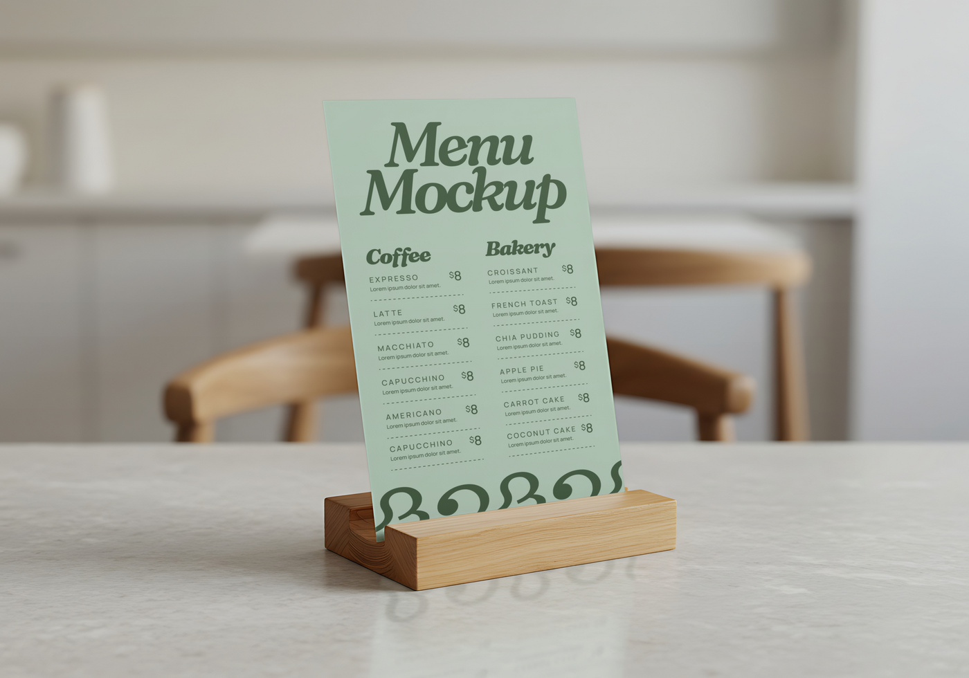 A menu mockup displays coffee and bakery items on a wooden stand psd