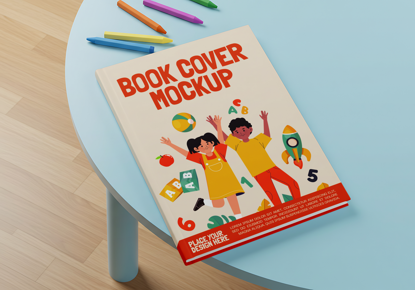 A book cover mockup featuring playful illustrations of children and learning materials rests on a light blue table psd