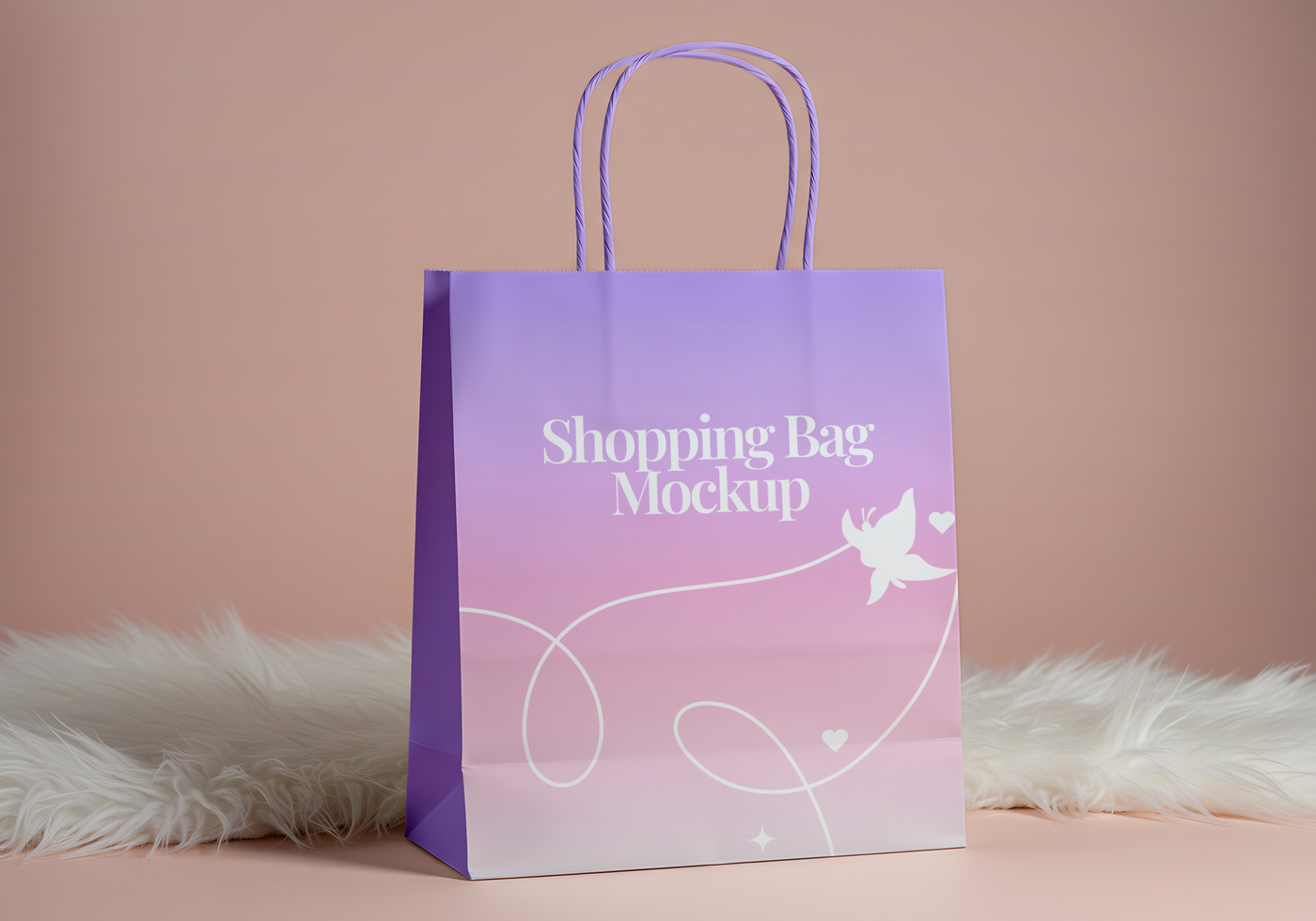 A lavender shopping bag mockup with a butterfly design sits on a fluffy white surface psd
