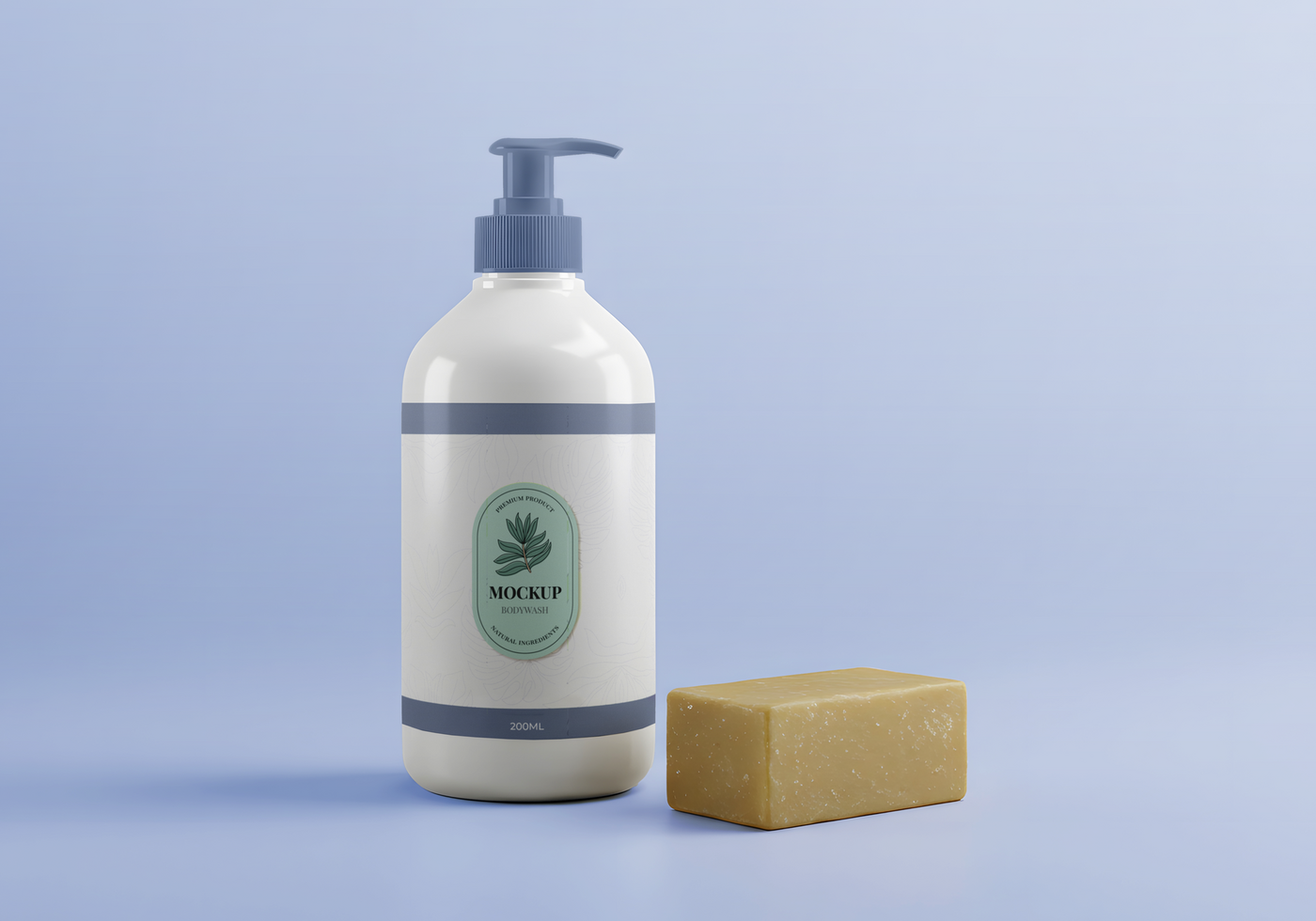 A pump bottle of body wash and a bar of soap sit on a light blue background psd