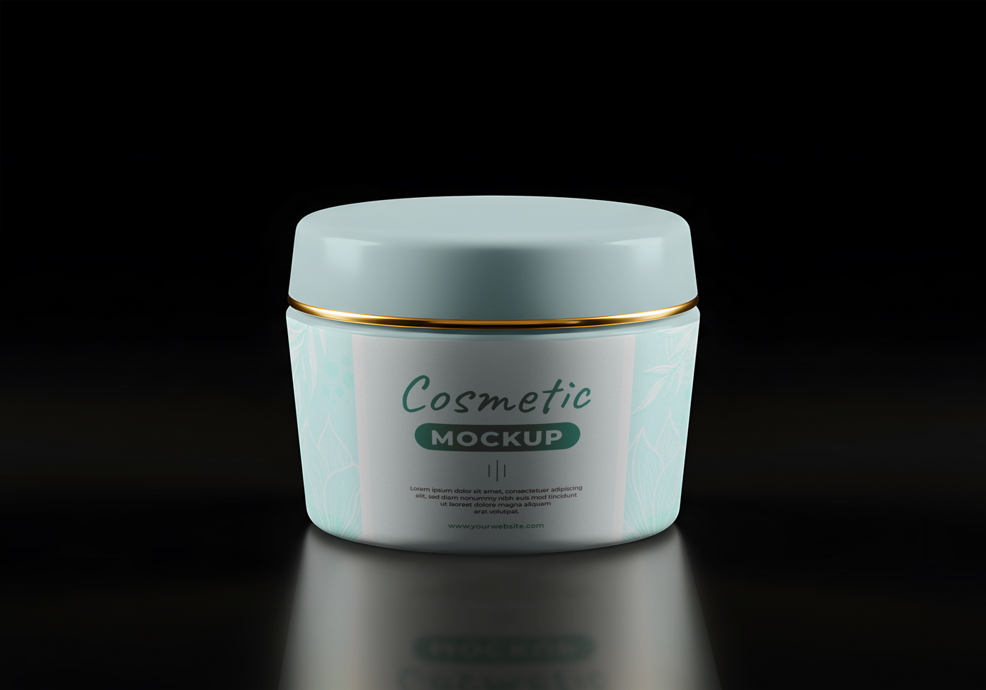 A light blue cosmetic jar with gold detailing sits on a dark reflective surface psd
