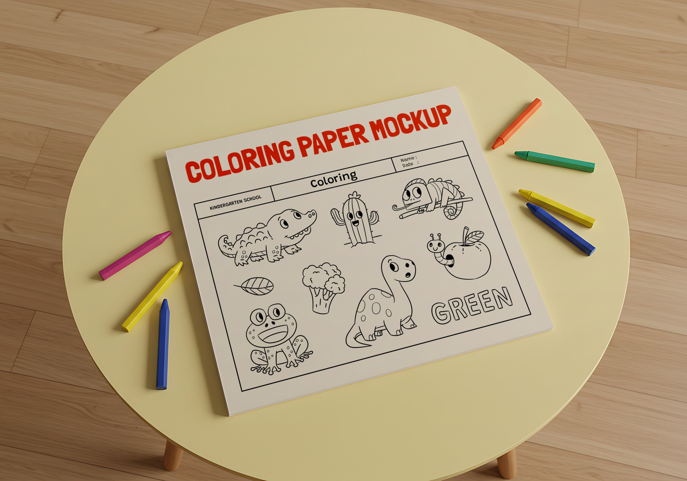 A coloring page featuring adorable animals and a cactus sits on a table surrounded by crayons psd