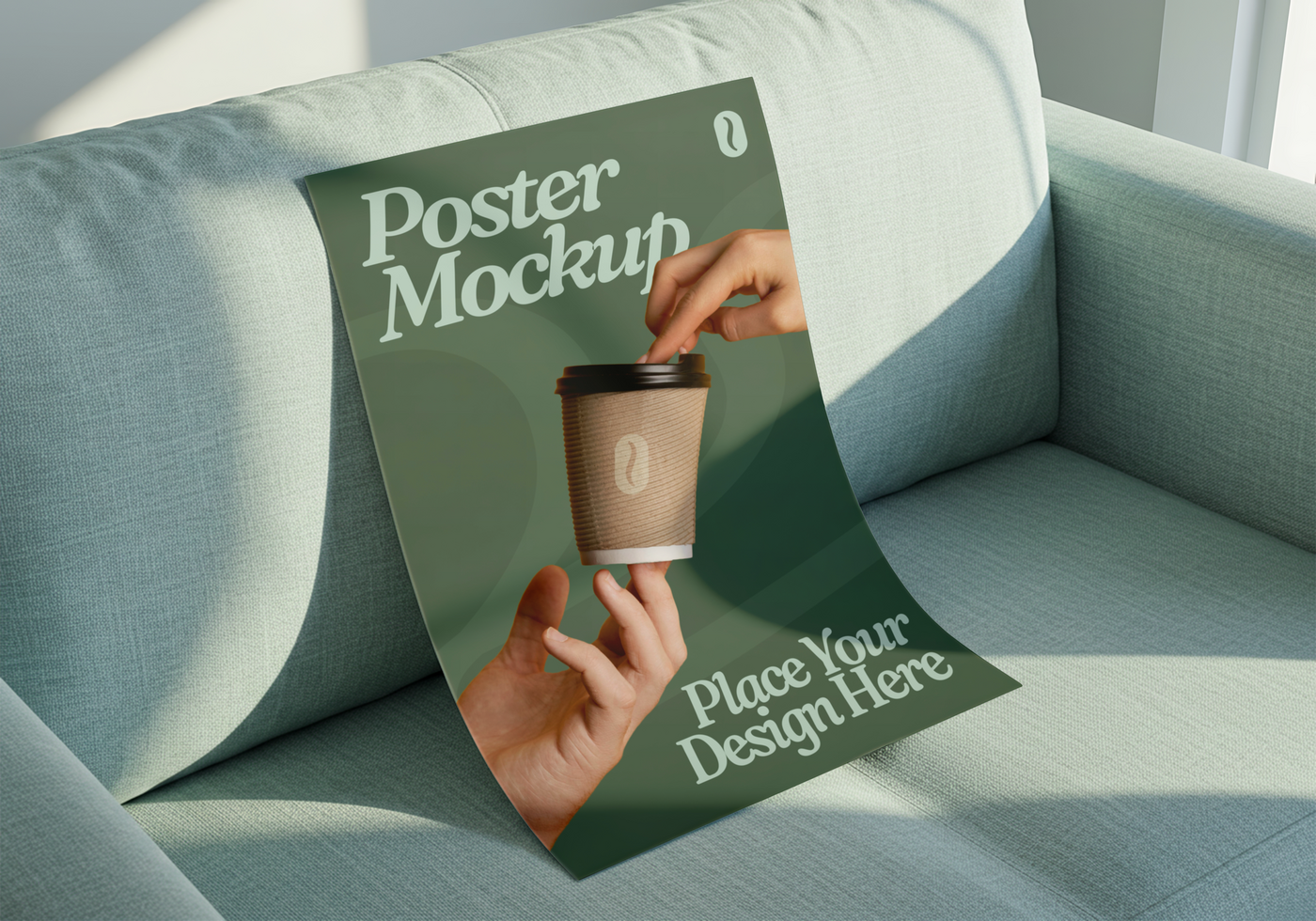 A poster mockup showcasing hands interacting with a coffee cup inviting designers to place their work psd