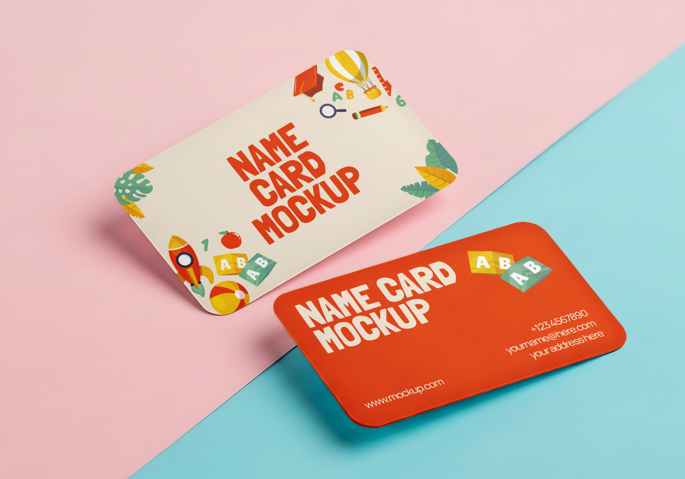 Two colorful name card mockups one featuring playful illustrations and the other a clean minimalist design psd