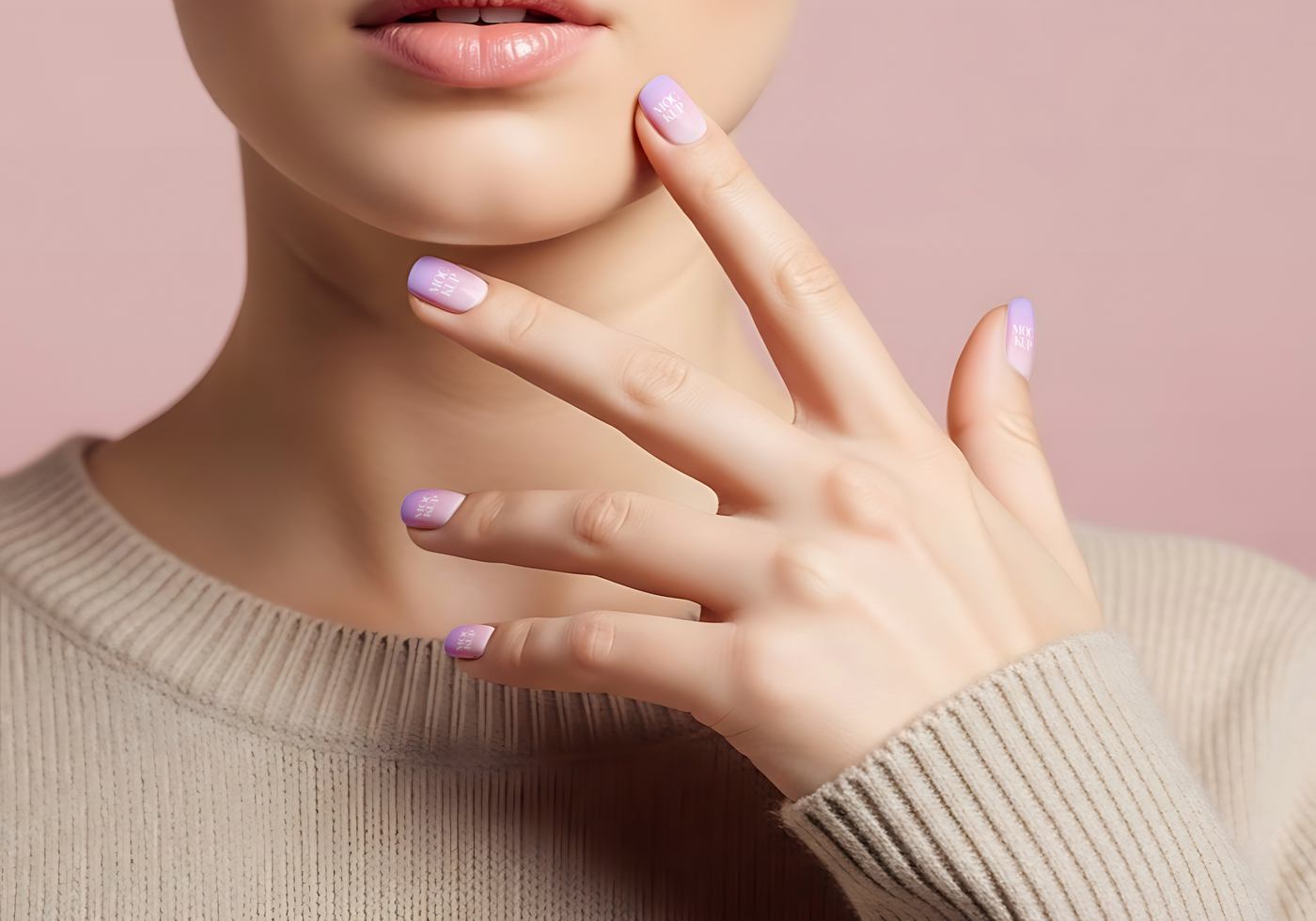 Close up of a woman s hand gently touching her chin showcasing a pastel ombre manicure psd