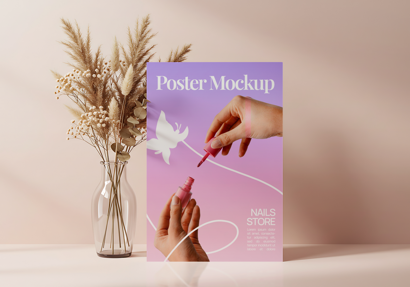 A poster mockup for a nail store featuring hands holding nail polish and a bouquet of dried flowers in a vase psd