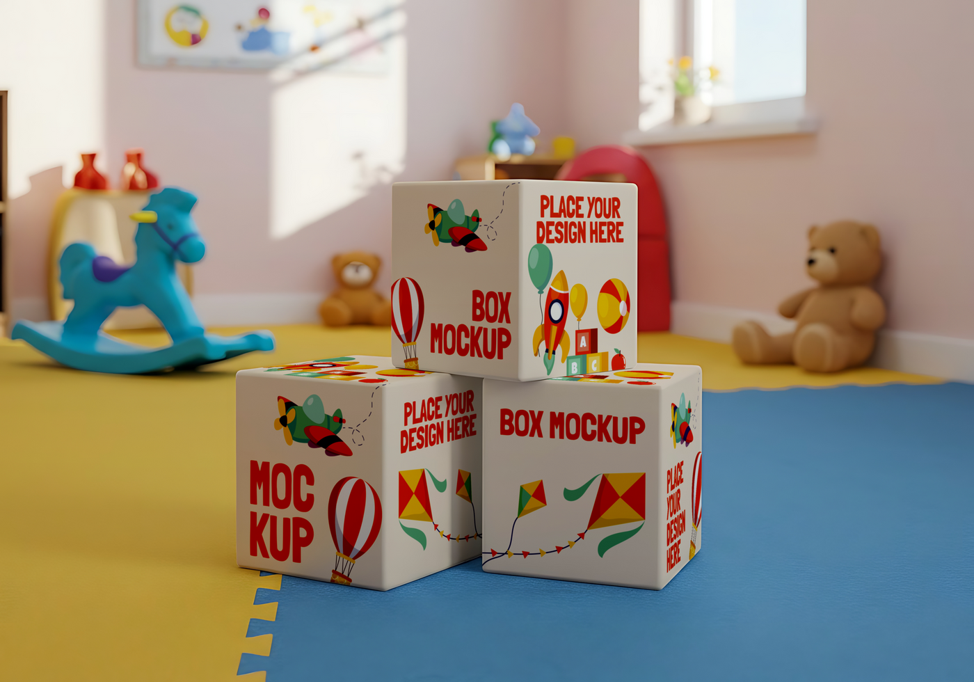 Three colorful toy boxes sit in a brightly lit playroom psd
