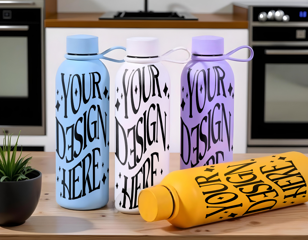 1 set of tumbler mockup, bottle thumbler mockup, thumbler mockup, bottle mockup in kitchen background view psd