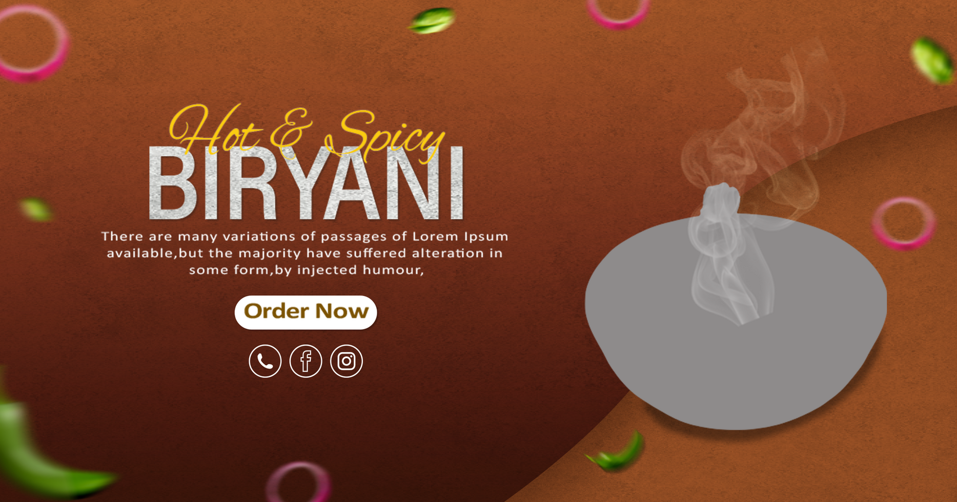 Hot and Spicy Biryani Social Media Banner Design with Dark Background and Steam Effect psd