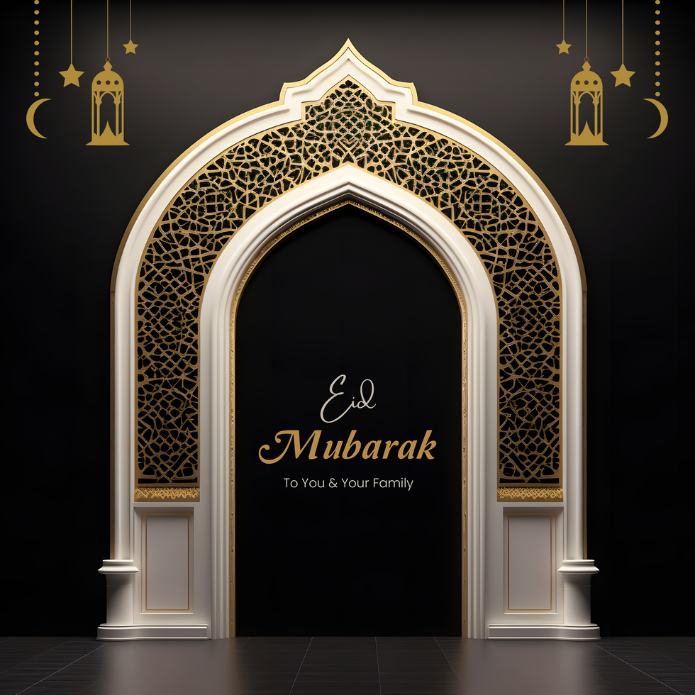 Elegant Eid Mubarak Greeting with Islamic Arch and Golden Lanterns on Dark Background psd
