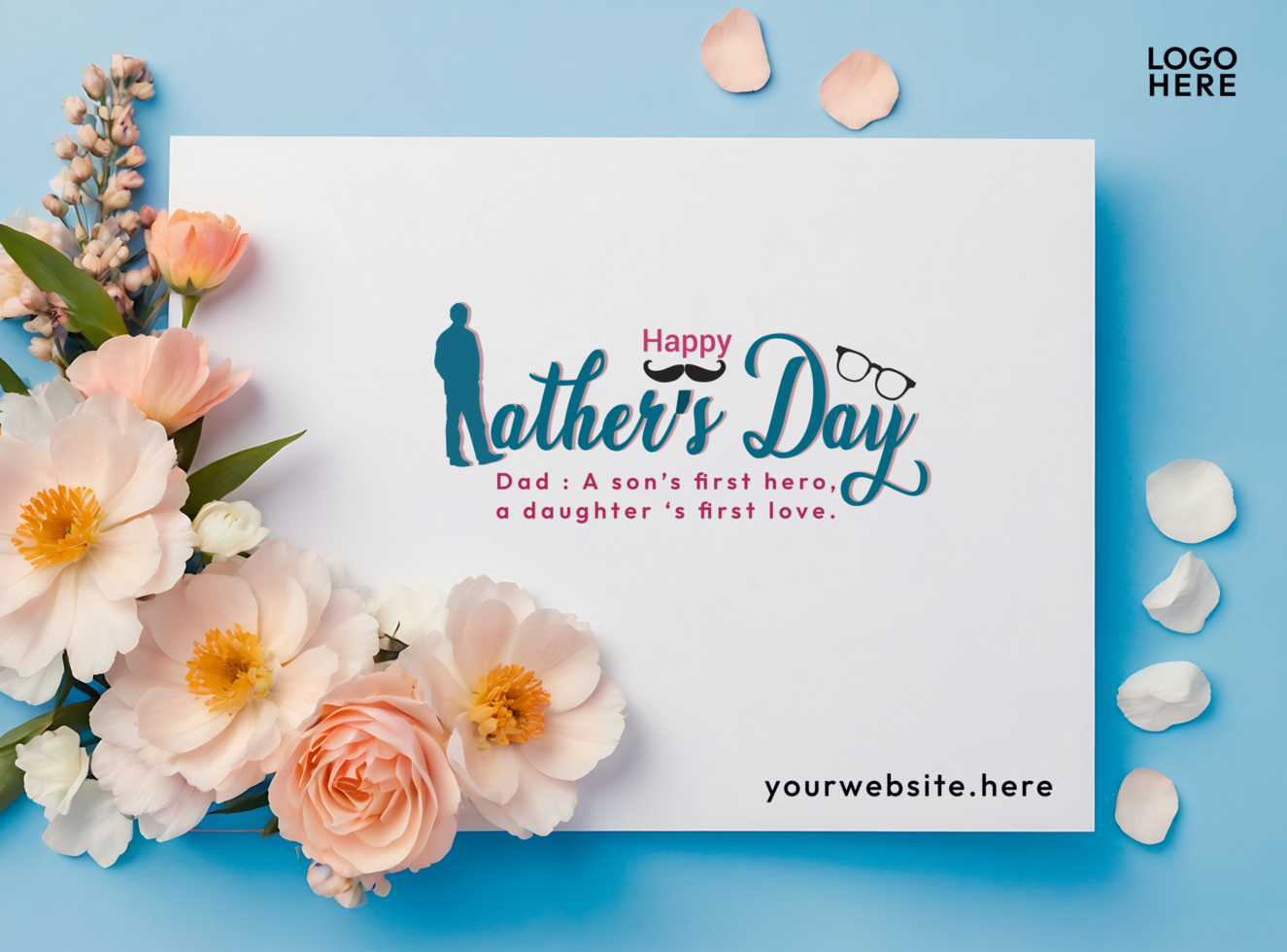 Elegant Happy Fathers Day Greeting Card Design with Flowers and Blue Background psd