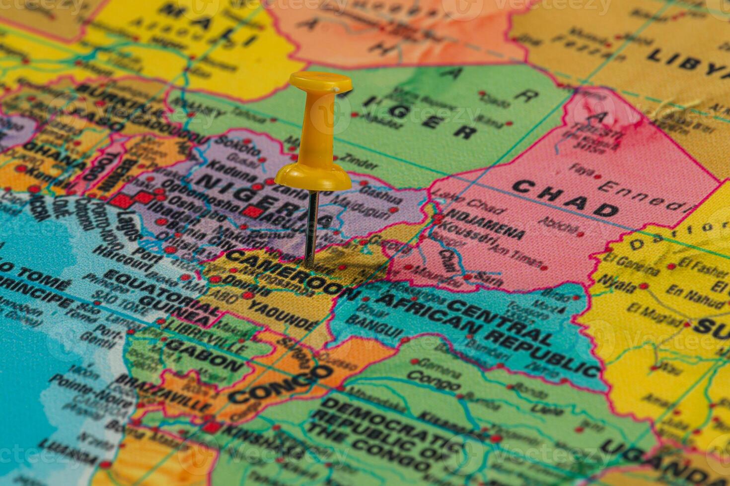 Map showing Cameroon with a pin marking its location in Africa photo