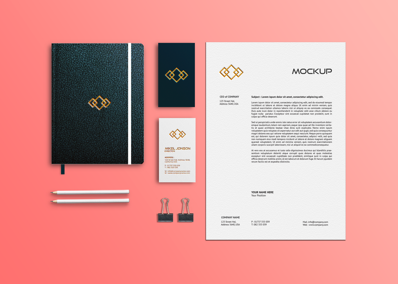 Stationary Mockup Template with Red Background psd