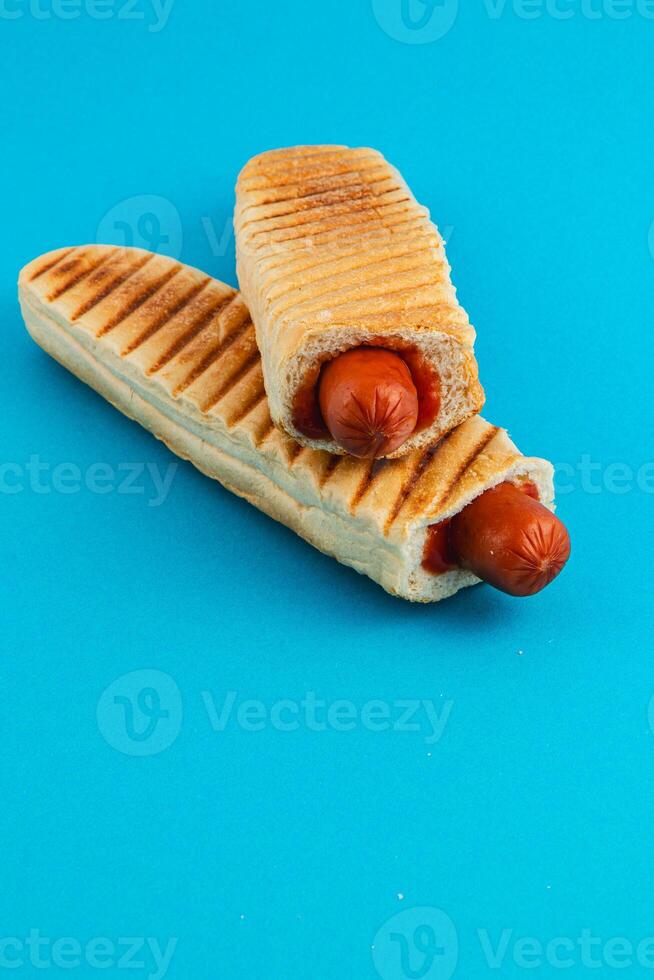 Delicious grilled hot dogs served in toasted bread rolls photo